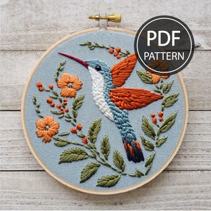 Hummingbird and Flower Hand Embroidery Pattern Floral Bird Embroidery Spring Embroidery Pattern Flower Embroidery Pattern PDF