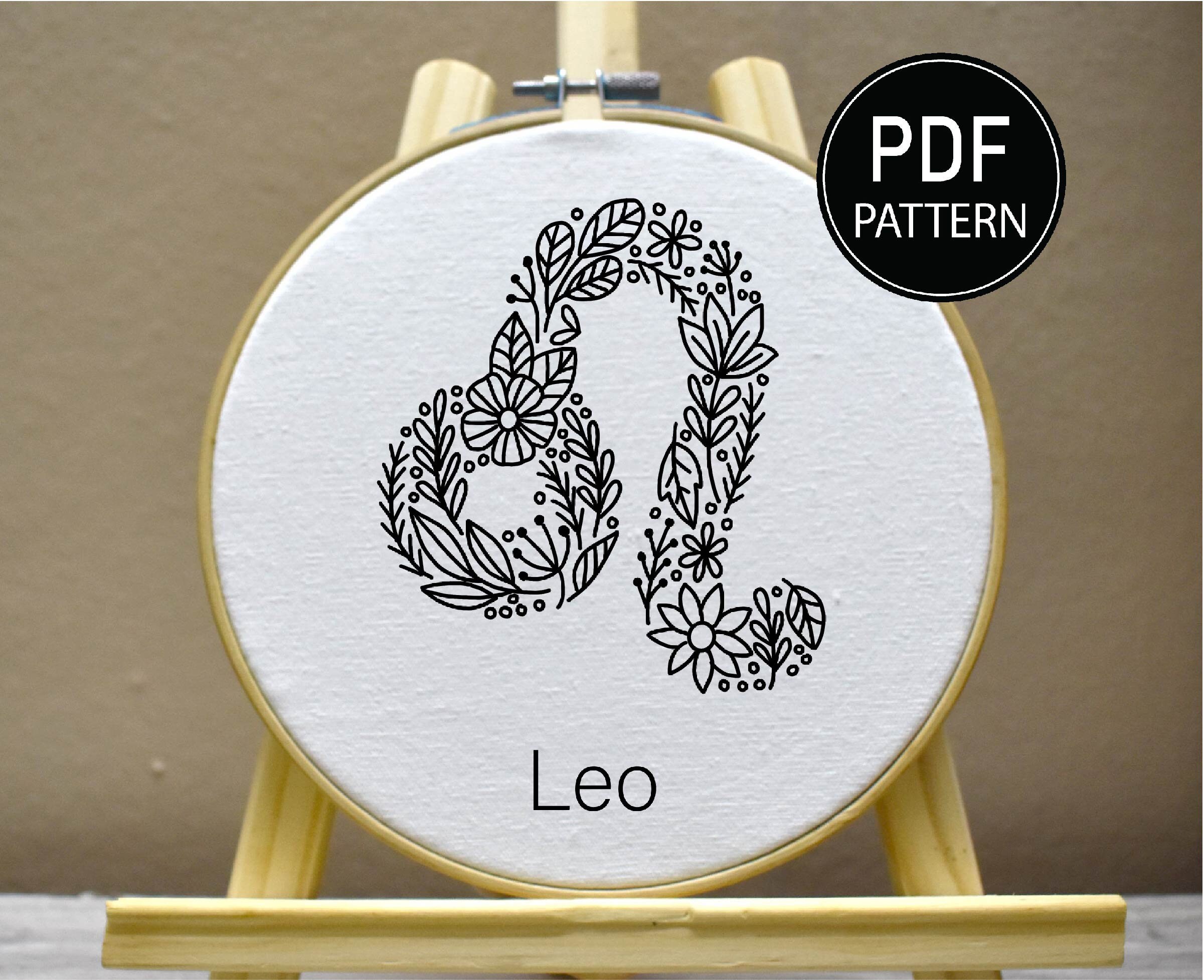 Leo Embroidery Pattern Zodiac Embroidery Flower Zodiac Hand Embroidery ...