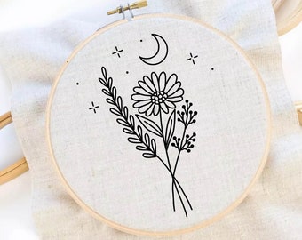 Flower Embroidery Pattern Bouquet Embroidery Moon Flower Embroidery Pattern Floral Hand Embroidery PDF