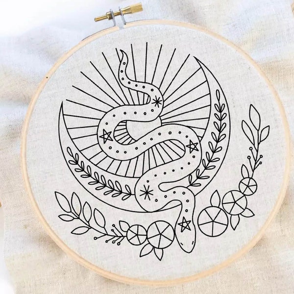 Snake and Roses Embroidery Pattern Snake Embroidery Pattern Snake Moon Hand Embroidery Pattern Sunshine Embroidery PDF