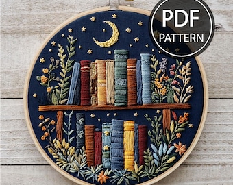 Magic Flower Bookshelf Embroidery Pattern Floral Bookshelf Embroidery Reading Embroidery Pattern Book Lover Embroidery Pattern