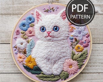 Cat and Flowers Embroidery Pattern Floral Cat Embroidery Cat Embroidery Pattern Cat Lover Embroidery Pattern