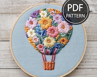Floral Hot Air Balloon Embroidery Pattern Flowers Embroidery Wildflowers Hand Embroidery Pattern PDF