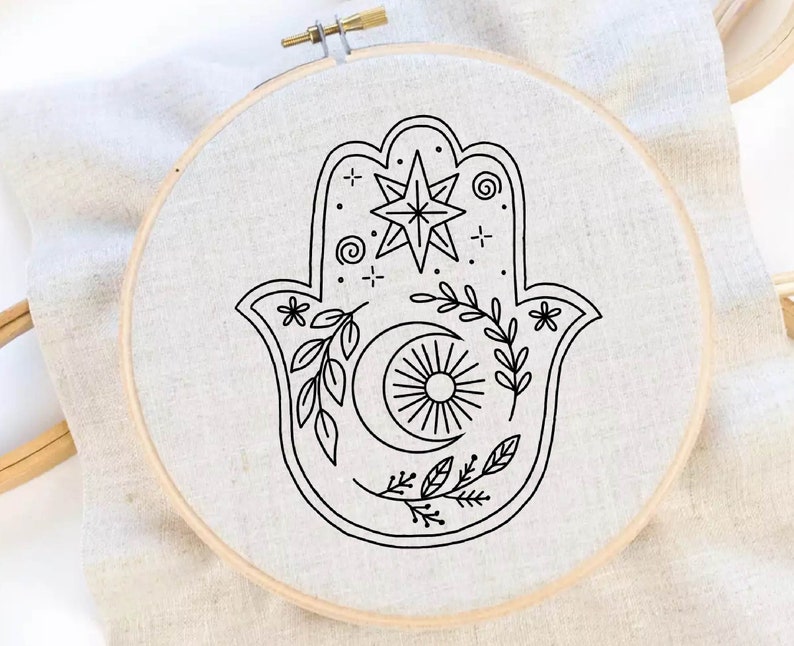 Hamsa Lunar Embroidery Pattern Hamsa Embroidery Hamsa Plant Pattern Hand Embroidery Pattern Flower Embroidery PDF image 1