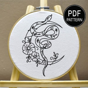 Snake Moon Embroidery Pattern Flower Snake Embroidery Floral Moon Pattern Moon Hand Embroidery Pattern Embroidery PDF