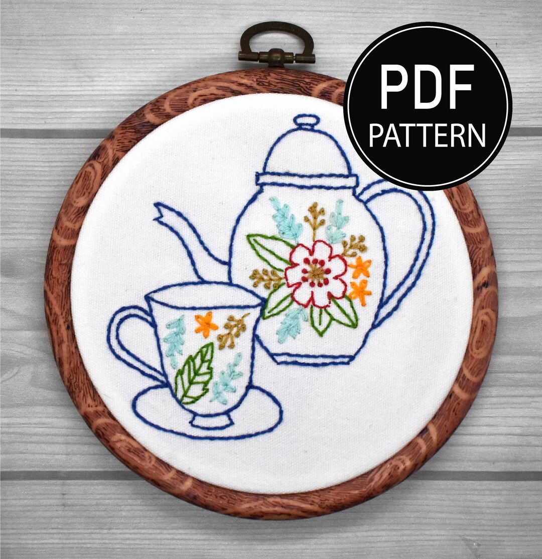 Tea Cup Set Embroidery Pattern Tea Cup Embroidery Pattern Tea Cup
