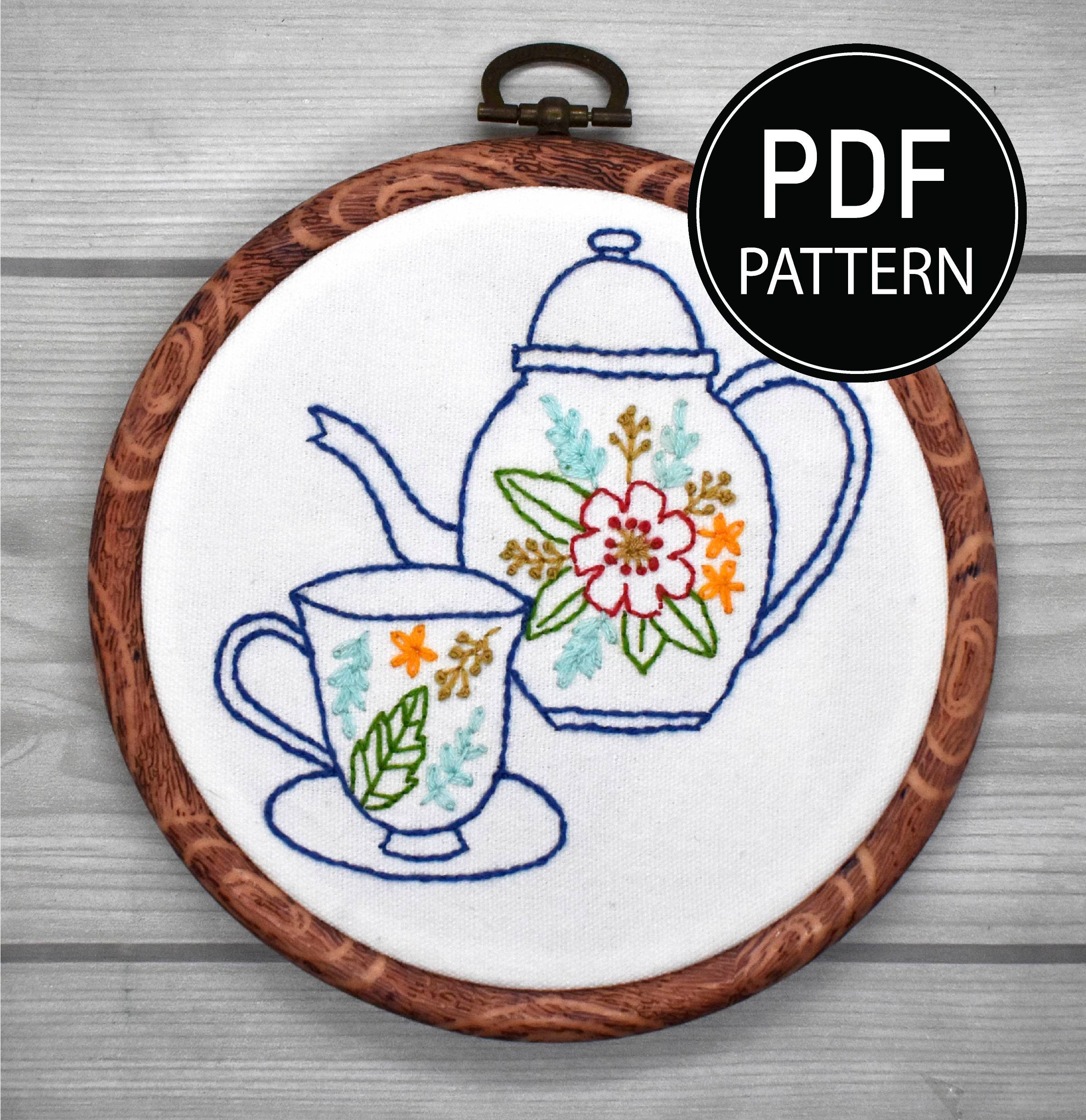 Tea Cup Set Embroidery Pattern Tea Cup Embroidery Pattern Etsy Australia