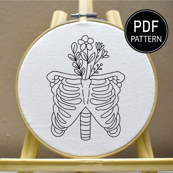 Skeleton Embroidery Pattern Flower Skeleton Embroidery Bone Embroidery Pattern Flower Hand Embroidery Pattern Embroidery PDF
