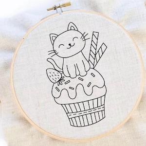 Cat and Cupcake Embroidery Pattern Cute Cat Embroidery Smile Cat Embroidery Pattern Funny Embroidery PDF