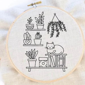 Cat and Plant Embroidery Pattern Cat Plants Embroidery Kitten Embroidery Pattern Cat Homeplants Embroidery PDF