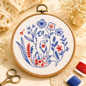キツネの刺繍パターン、刺繍キット、キツネのパターン、手刺繍パターン、森の動物の刺繍パターン、ダウンロード