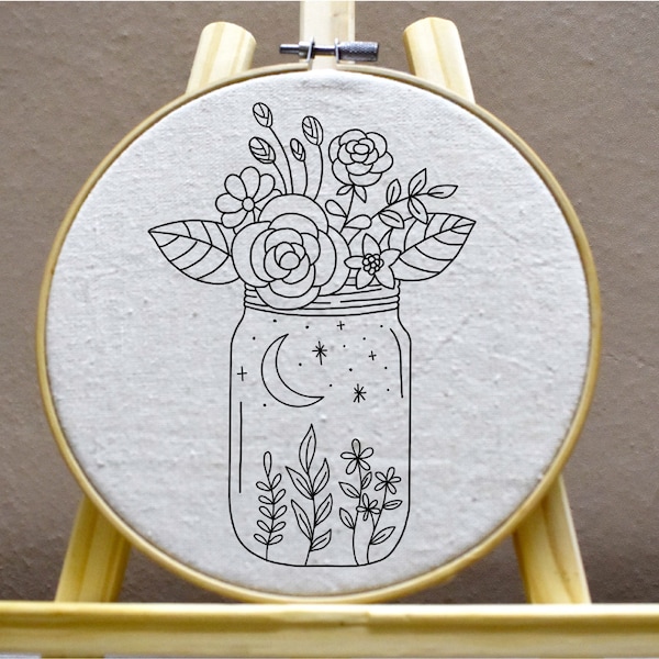 Flower Bottle Embroidery Pattern Moon Embroidery Flower Embroidery Pattern Celestial Embroidery PDF