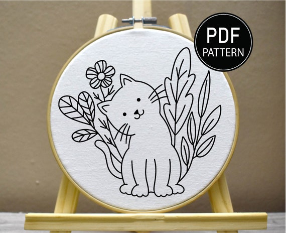 Hand Embroidery Kit Cat Design Cute Kitten Pattern Flower