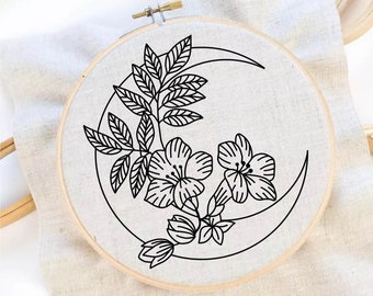 Moon Flower Embroidery Pattern Celestial Pattern Hand Embroidery Pattern Moon Embroidery Lunar Flower Embroidery Pattern Instant Download