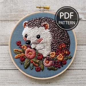 Hedgehog Embroidery Pattern Floral Hedgehog Embroidery Pattern Hedgehog and Flowers Embroidery Pattern Woodlands Embroidery