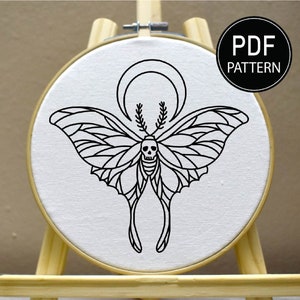 Moth Embroidery Pattern Death Head Moth Embroidery Pattern Insect Embroidery Whimsical Hand Embroidery Pattern Moon Embroidery PDF