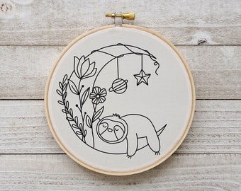 Sloth Embroidery Moon Flower Embroidery Sloth Moon Embroidery Pattern Sloth Flower Embroidery Pattern Download
