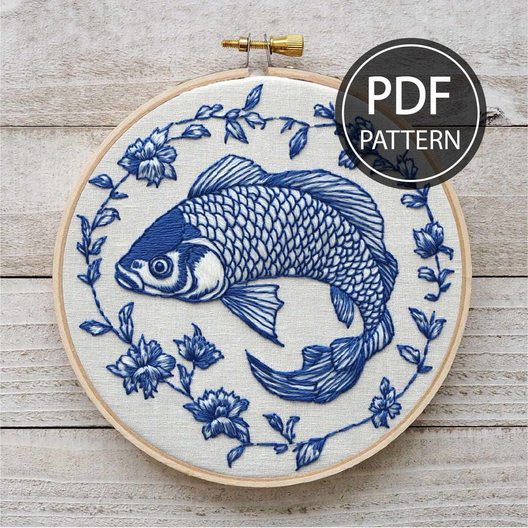 Embroidered Fish Pattern Fish Embroidery Pattern Blue Fish Embroidery Wreath Hand Embroidery ...