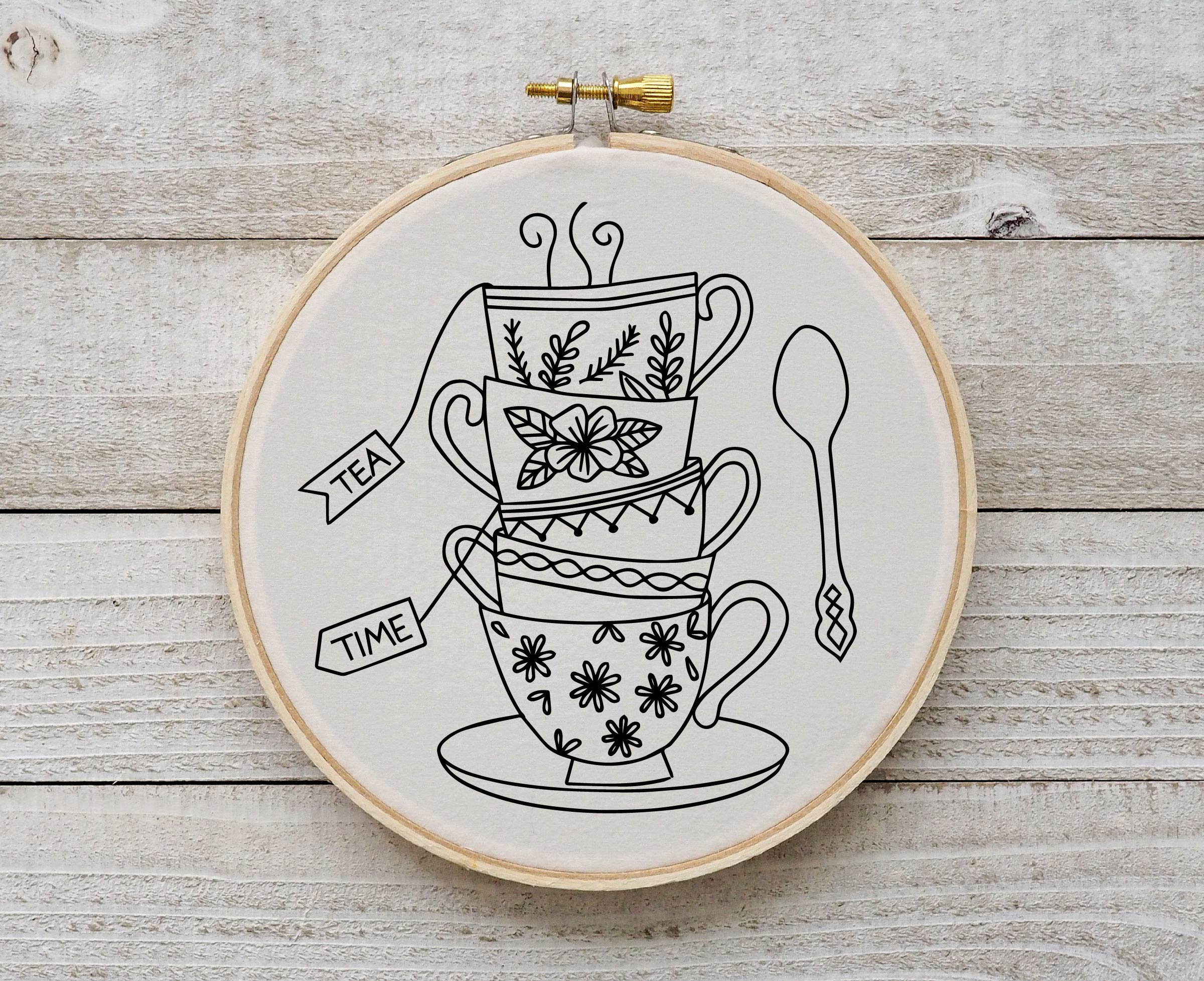 Tea Time Embroidery Pattern- Tea Cups Embroidery Pattern - Tea Cup ...