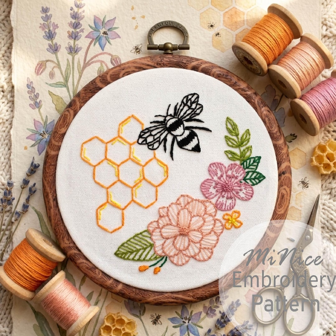 Bee and Flower Embroidery Pattern ,bee Hive Embroidery Pattern , Insect ...