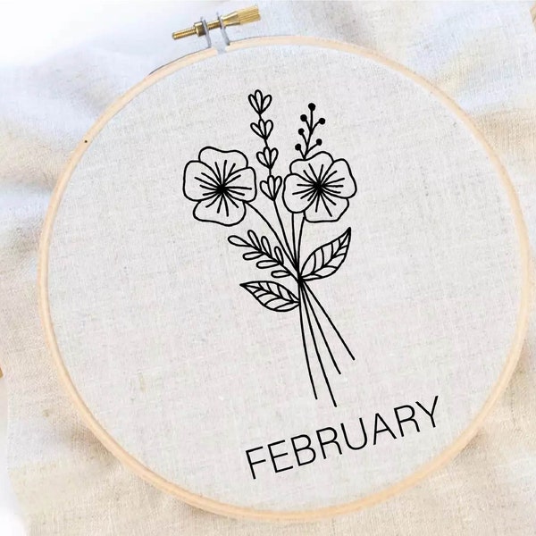 Birth Month Flower Embroidery Pattern February Flower Embroidery Violet Embroidery Flower Hoop Art PDF Instant Download
