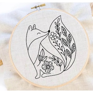 Fox Embroidery Pattern Fox and Flower Embroidery Pattern Woodland Embroidery Botanical Embroidery PDF