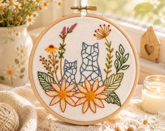 Cats and Flower Embroidery Pattern Cats Flower Embroidery Pattern Flower Embroidery Kit kitten Hand Embroidery Animal Polygonal Embroidery