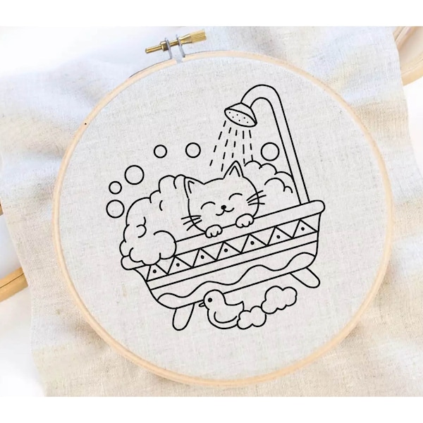 Cat Bathing Embroidery Pattern Cute Cat Embroidery Bath Tub Embroidery Pattern Cat and Duck Toy Embroidery Pattern Instant Download