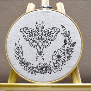 Flower Moth Embroidery Pattern Flower Embroidery Pattern Insect Embroidery Wreath Hand Embroidery Pattern Moon Embroidery Pattern Download