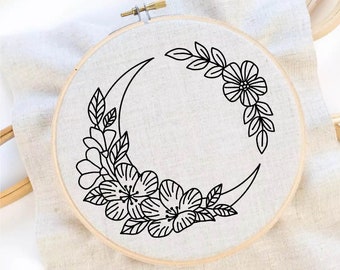 Flower Wreath Embroidery Pattern Flower Pattern Hand Embroidery Pattern Moon Embroidery Wreath Frame Embroidery Pattern Instant Download
