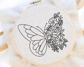 Blume Schmetterling Stickmuster Blume Stickmuster Stickmuster Insekt Stickerei Floral Handstickerei Muster Stickdatei Download