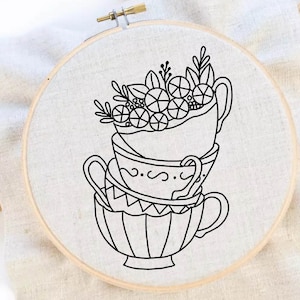 Flower Tea Cups Embroidery Pattern Tea Time Hand Embroidery Tea Cup and Roses Hand Embroidery Pattern PDF Pattern Instant Download