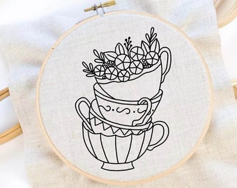 Flower Tea Cups Embroidery Pattern Tea Time Hand Embroidery Tea Cup and Roses Hand Embroidery Pattern PDF Pattern Instant Download