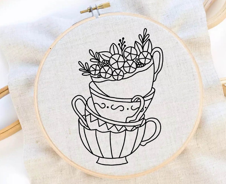Flower Tea Cups Embroidery Pattern Tea Time Hand Embroidery Etsy