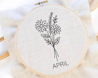 Patrón de bordado de flores del mes de nacimiento. Bordado de flores de abril. Bordado de margaritas. Arte de aro de flores. Descarga instantánea en PDF.