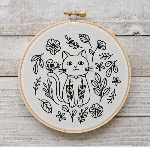 Cat and Bird Embroidery Pattern Cat Plants Embroidery Kitten Etsy