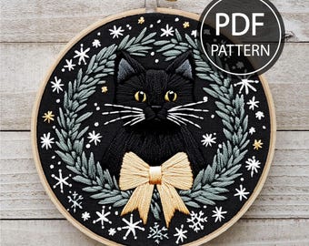 Katze und Sterne Stickmuster Himmlische Stickerei Katzenkranz Stickerei schwarze Katze Stickmuster Sofort Download Stickmuster