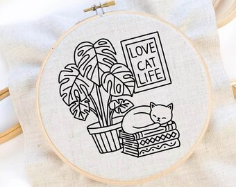 Sleeping Cat Embroidery Cat Plants Hand Embroidery Monstera Hand Embroidery Pattern  Cute Cat Hoop Art PDF Instant Download
