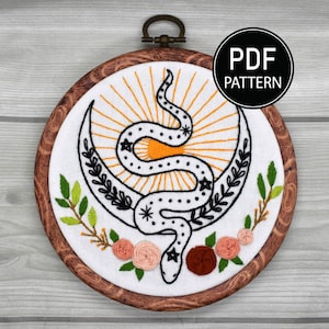 Snake and Roses Embroidery Pattern Snake Embroidery Pattern Snake Moon Hand Embroidery Pattern Sunshine Embroidery PDF