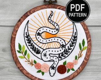 Snake and Roses Embroidery Pattern Snake Embroidery Pattern Snake Moon Hand Embroidery Pattern Sunshine Embroidery PDF