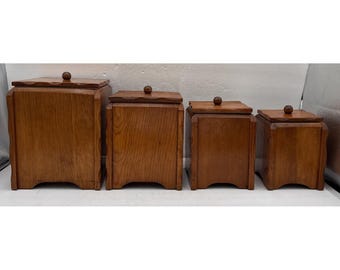 Vintage Handmade Wood Canister Set 4 Pc Rustic Farmhouse Kitchen Storage