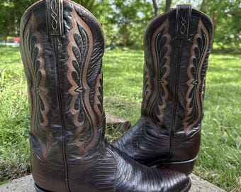 VTG Tony Lama Herr Bruna Teju Ödlehuds Western Cowboystövlar 8536 Storlek 9.5 D