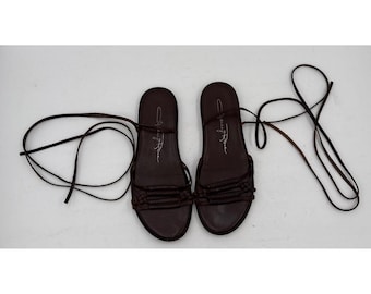 VTG Y2K Bruna Lädersandaler Med Snörning I Läder Artisan Boho Platta Skor Med Omlottknytning
