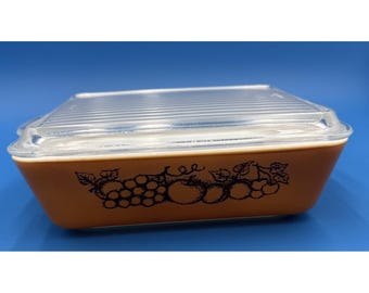 Pyrex Old Orchard 503 Refrigerator Dish with Clear Glass Lid Vintage Brown USA