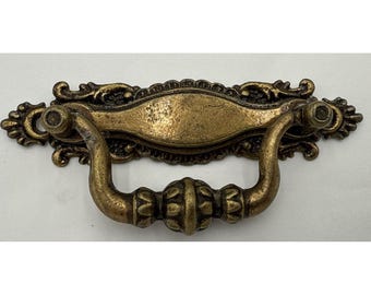 Ornate Fancy VTG antiqued  French Drawer Drop Bail Pull Handle Dark Satin Brass