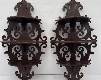 Vintage Victorian Gothic Wall Shelves Set Carved Wood Scroll Brackets 16 1/2"