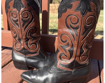 Vtg 90s Vaneli Snip Toe Women's Cowboy Black Brown Inlay Western Boots Sz 8