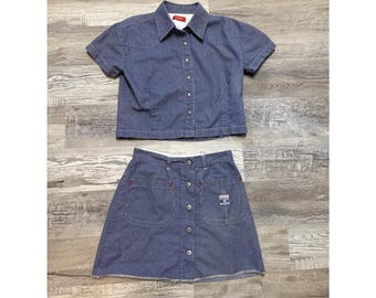 VTG Esprit Denim 2 Piece Pinstripe Crop Top Button Front Skirt Set Top L Skirt 5