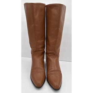 Vtg 80s Brown Camel Leather Slouch Boots Flat Heel Under Knee Size 8 1/2 image 3