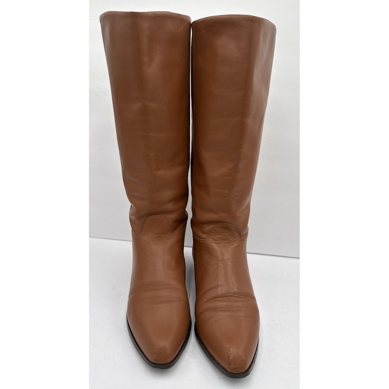 Vtg 80s Brown Camel Leather Slouch Boots Flat Heel Under Knee Size 8 1/2 image 3